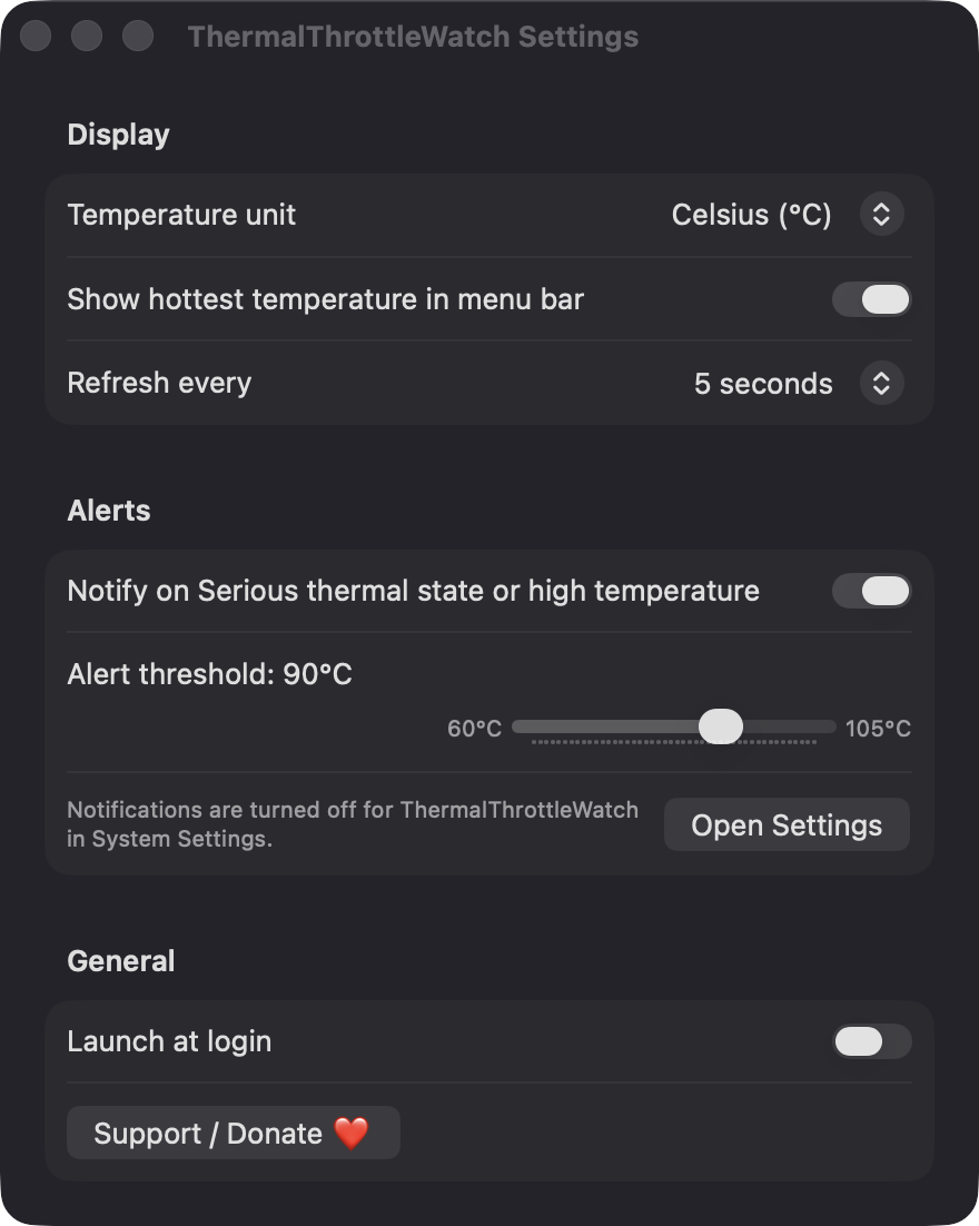 ThermalThrottleWatch Settings window