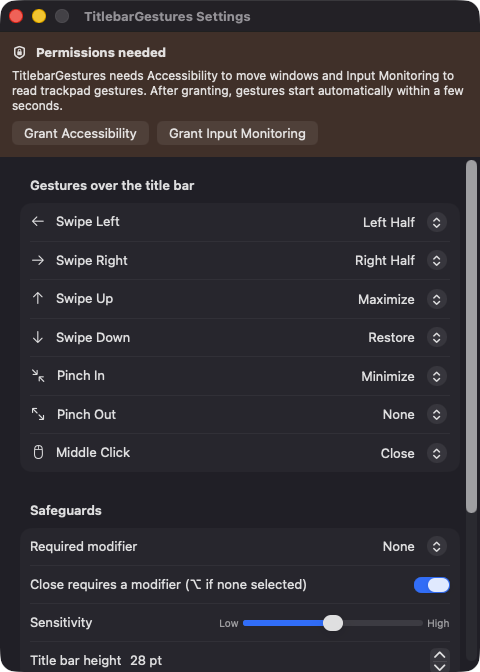 TitlebarGestures Settings window with gesture-to-action mappings