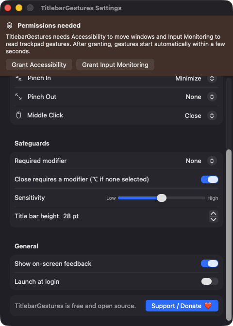 Settings window scrolled to Safeguards and General sections