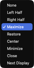 Action picker menu listing nine window actions