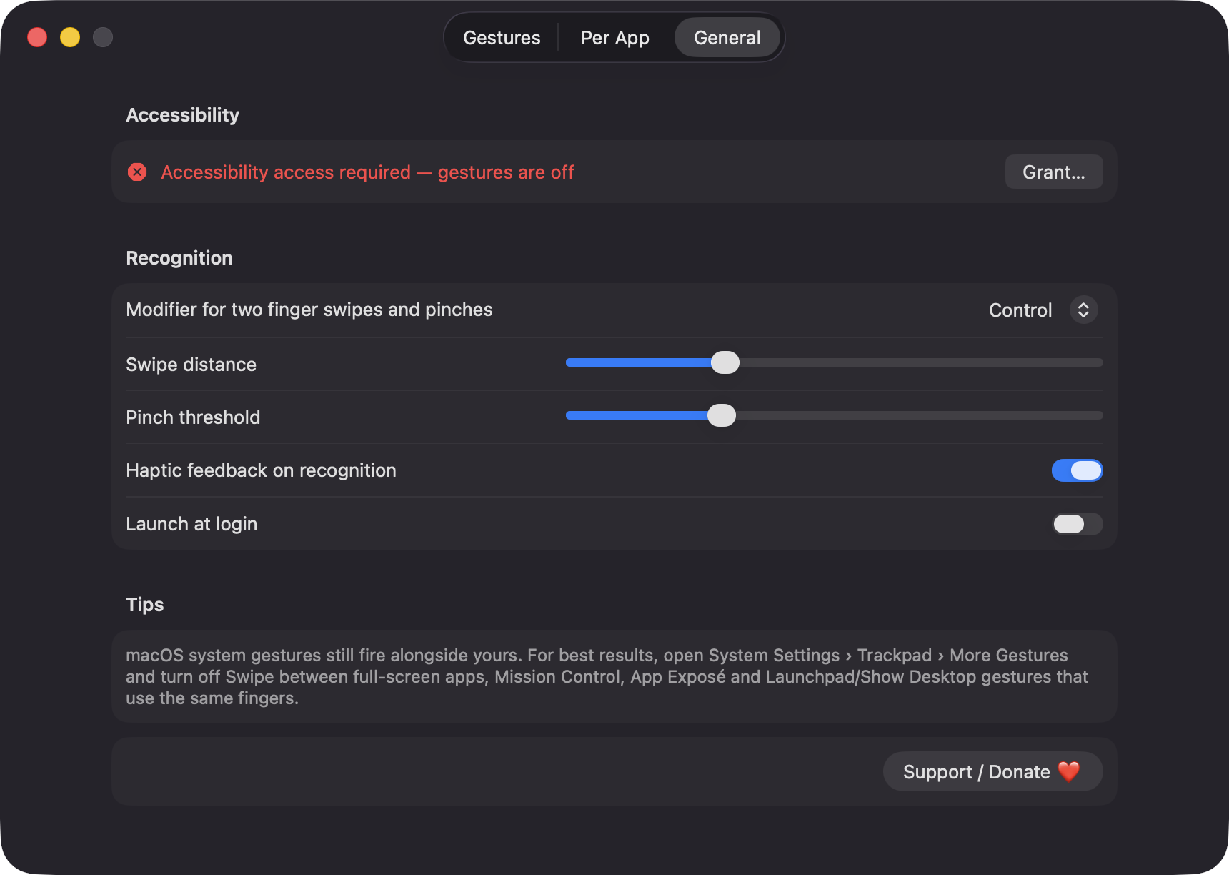 TrackpadGestureMap General settings tab