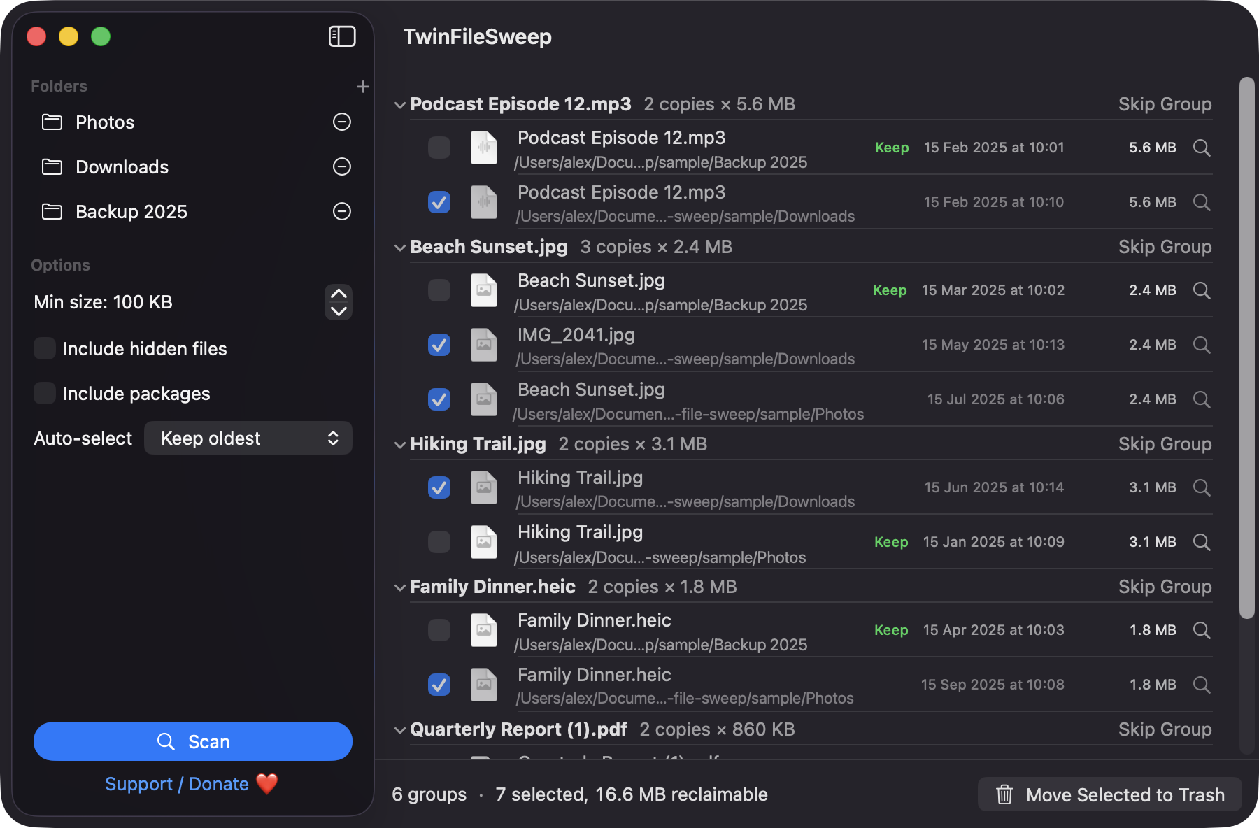 TwinFileSweep main window listing duplicate file groups