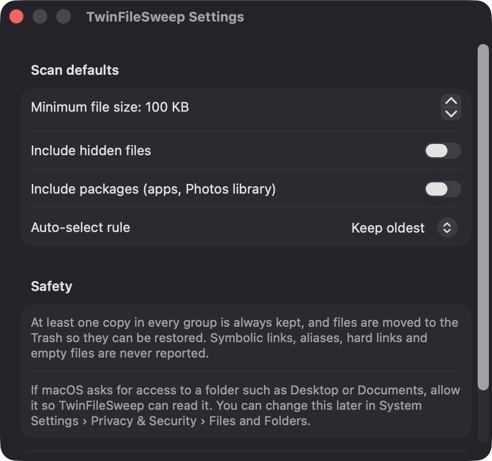 TwinFileSweep Settings window