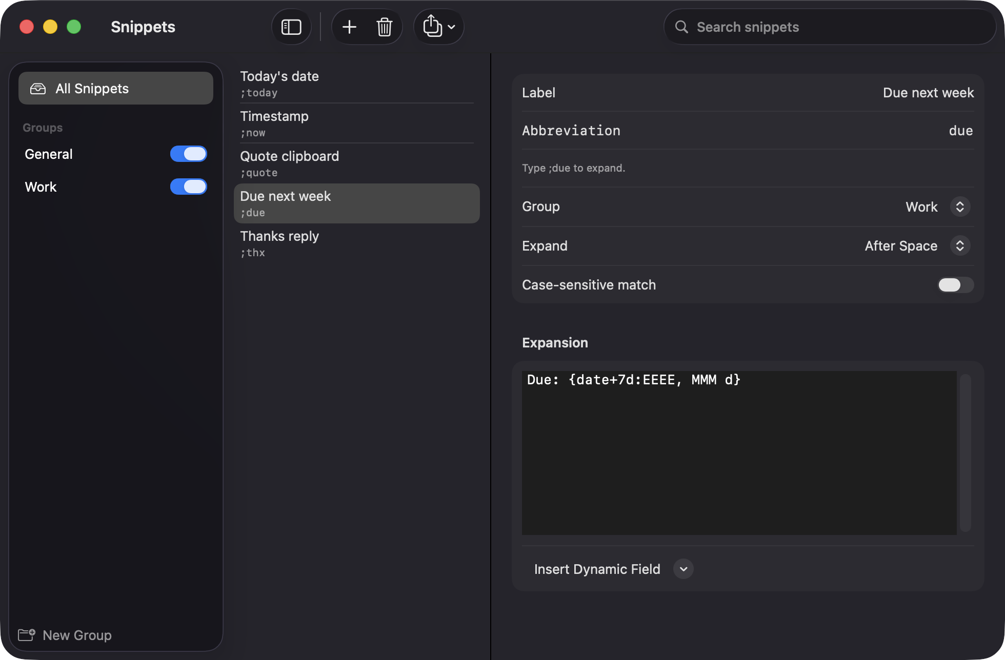 TypeShortcutExpander snippet editor showing the Due next week snippet