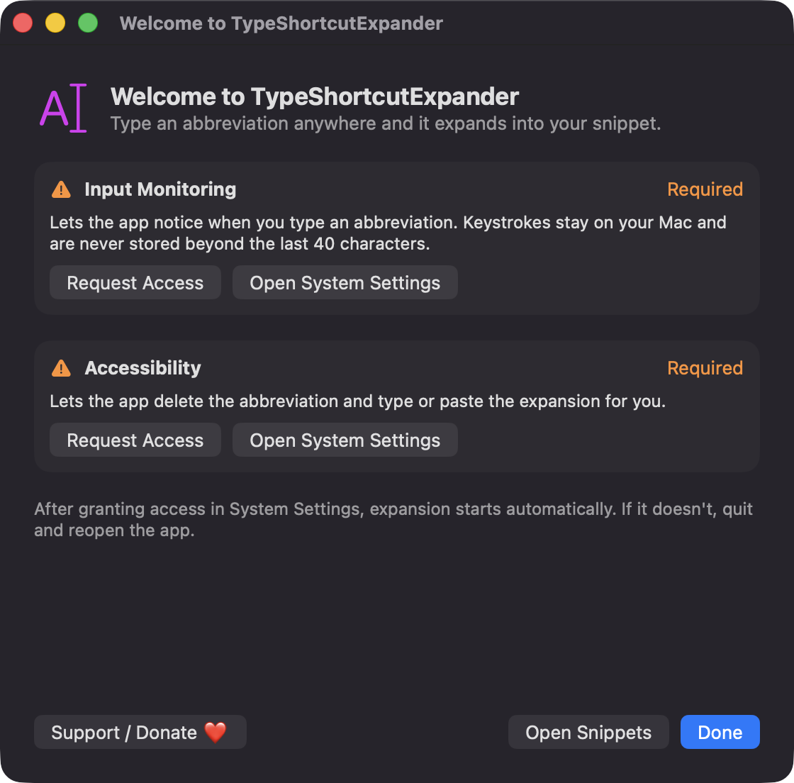 TypeShortcutExpander welcome and permissions window