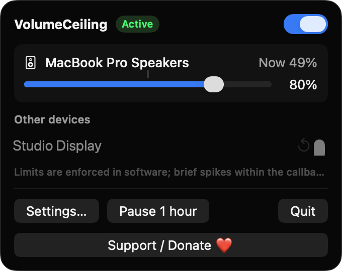VolumeCeiling menu bar window with a per-device ceiling slider