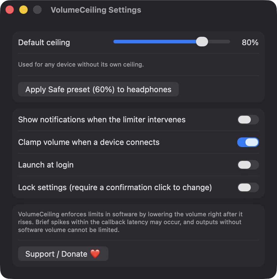 VolumeCeiling settings window