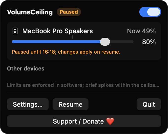 VolumeCeiling menu bar window in the paused state