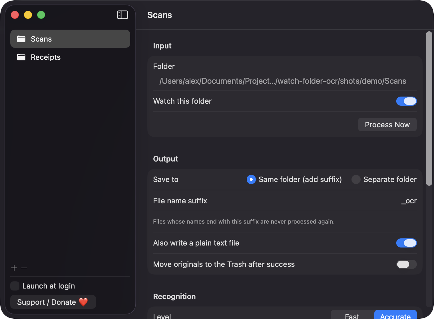 WatchFolderOcr Settings window with the Scans watch rule selected