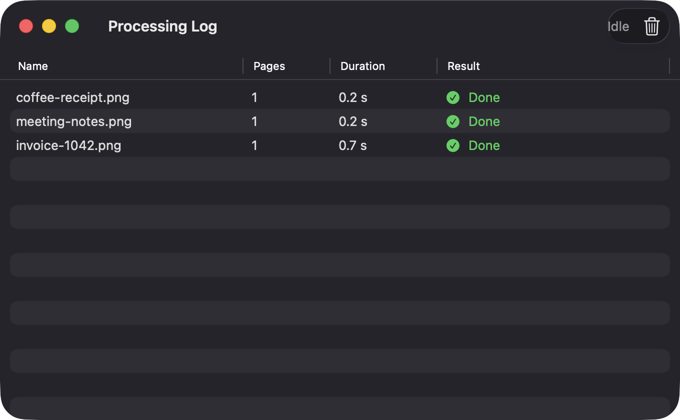 Processing Log window showing three files converted successfully