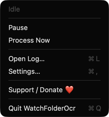 WatchFolderOcr menu bar menu