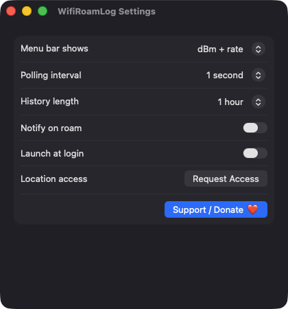 WifiRoamLog Settings window