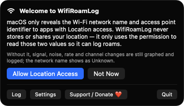 WifiRoamLog welcome card explaining Location access