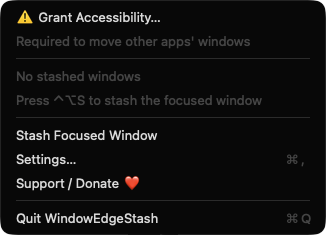 WindowEdgeStash menu bar menu