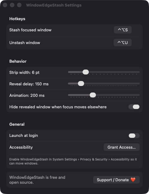 WindowEdgeStash Settings window