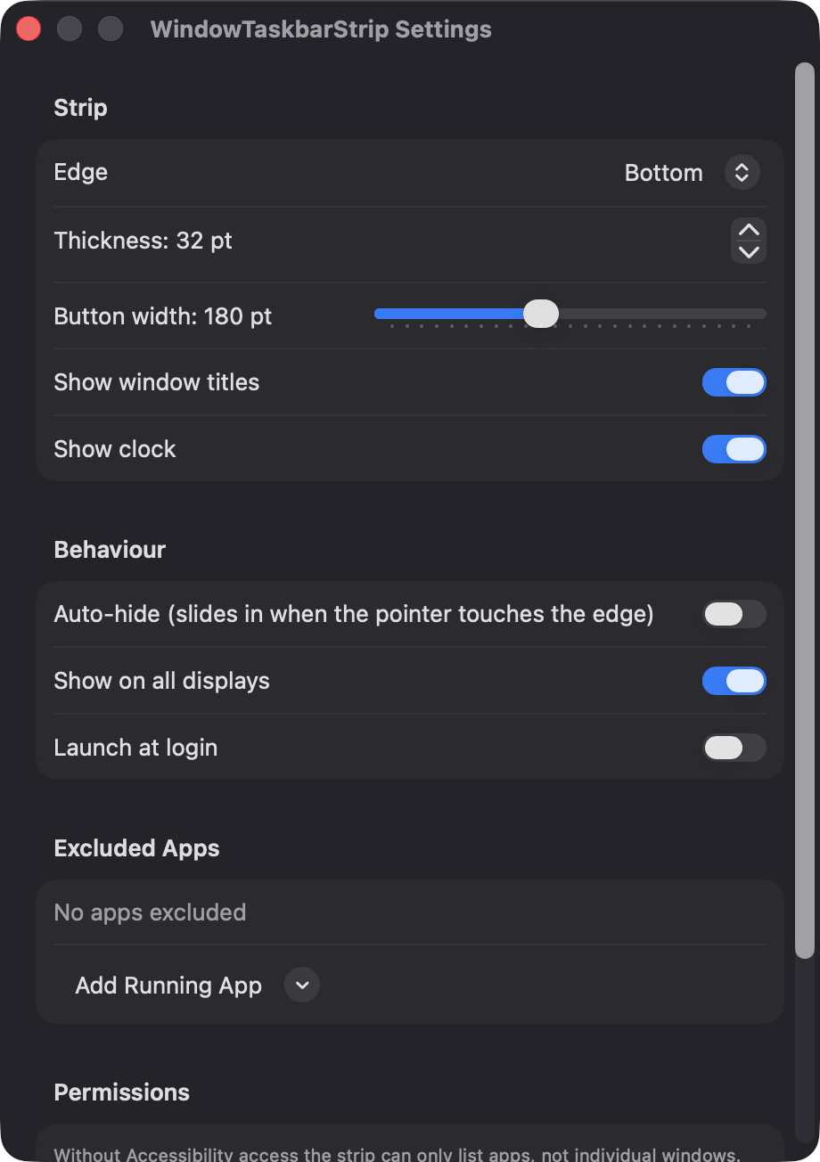 WindowTaskbarStrip Settings window