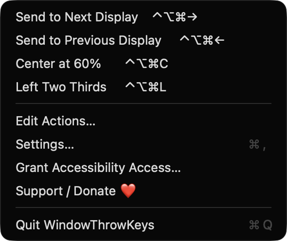 WindowThrowKeys menu bar menu listing throw actions and shortcuts
