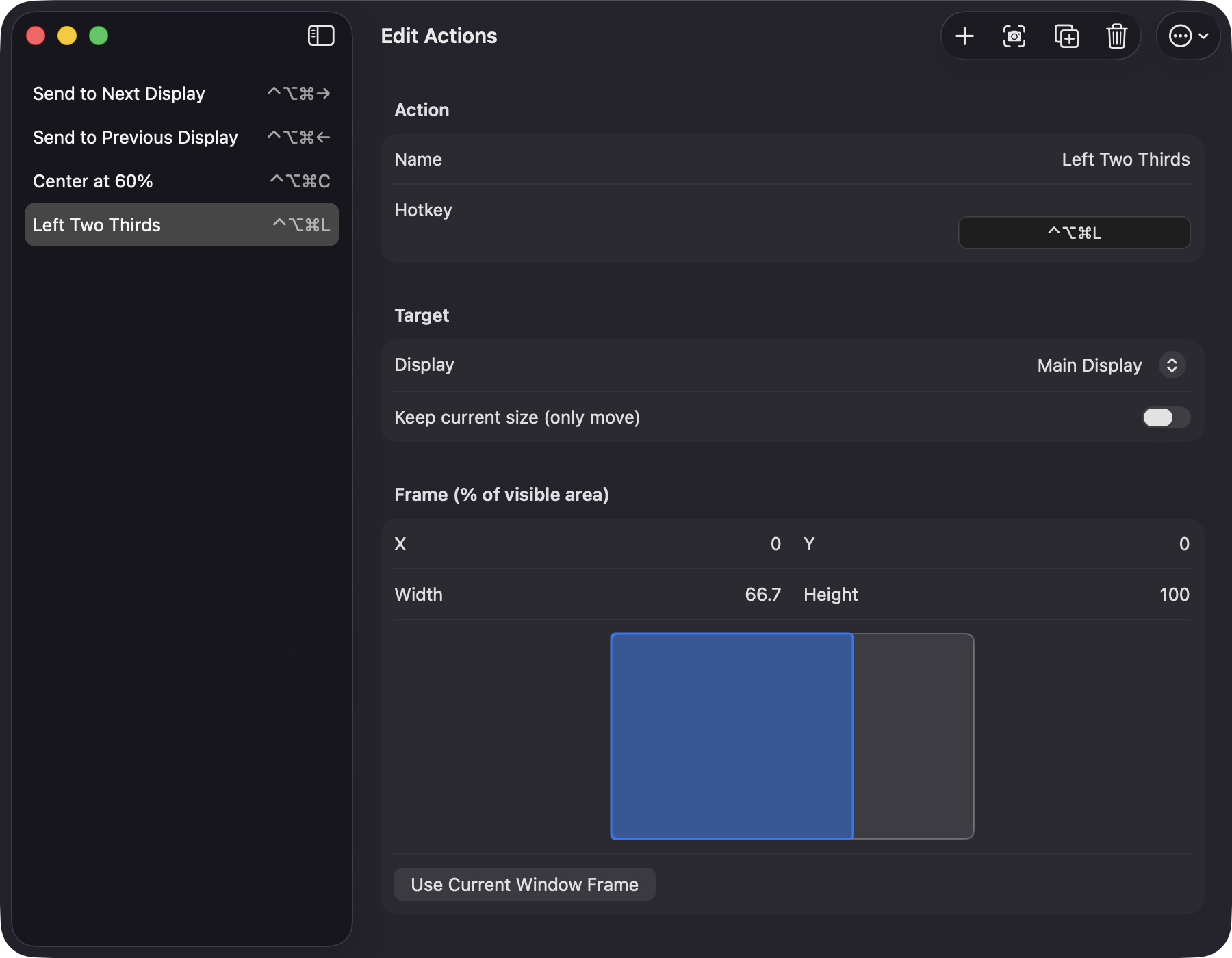Edit Actions window showing the Left Two Thirds action with a frame preview
