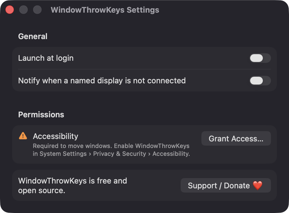 WindowThrowKeys Settings window