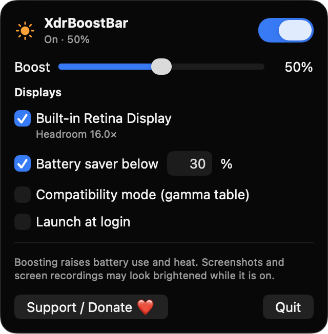 XdrBoostBar popover with boost enabled at 50%