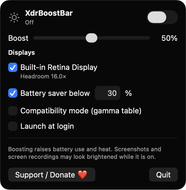 XdrBoostBar popover with boost turned off