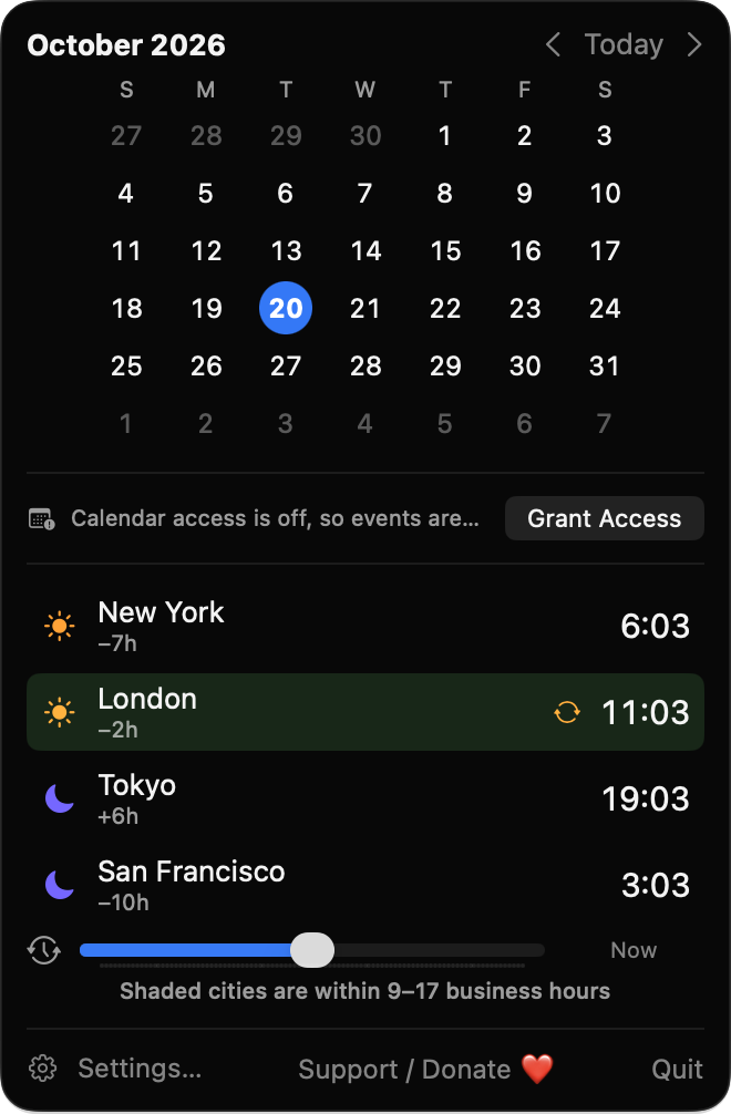 ZoneClockBar popover with October calendar and clocks for New York, London, Tokyo and San Francisco
