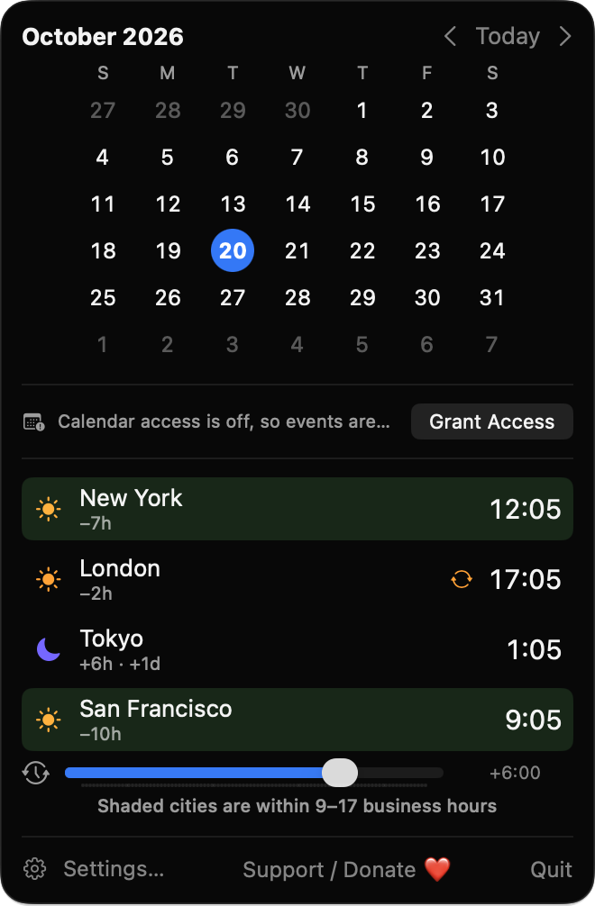 Popover with the slider at +6:00 and New York and San Francisco shaded as business hours