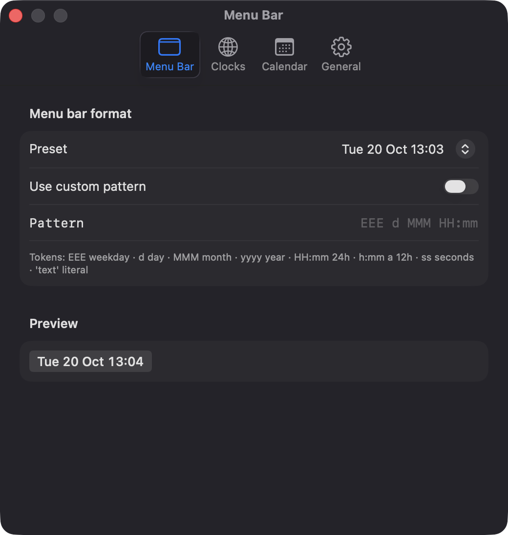 Settings window, Menu Bar tab with format preset, custom pattern and preview