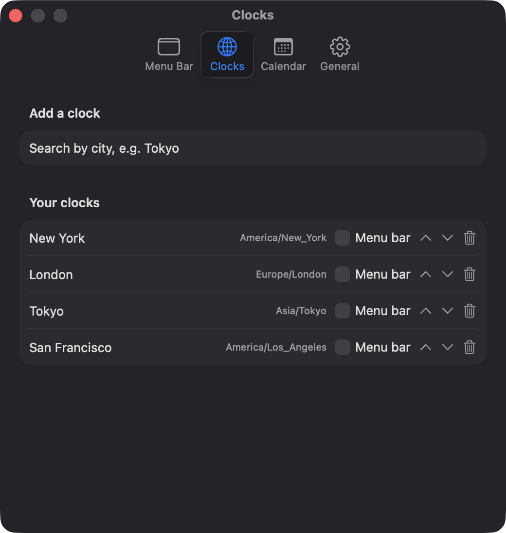 Settings window, Clocks tab listing four cities with menu bar checkboxes and reorder buttons